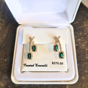 18k Gold Over 925 Silver Emerald & White Sapphire Drop Earrings